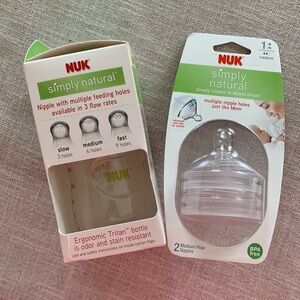 Nuk Simply Natural 5oz Bottle with 2 medium flow nipples.